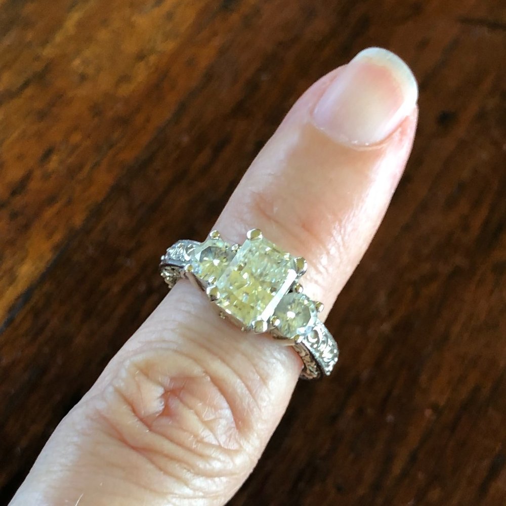 Moissanite 14kt white gold. 2.55 total carats Charles & Colvard Three Stone Ring